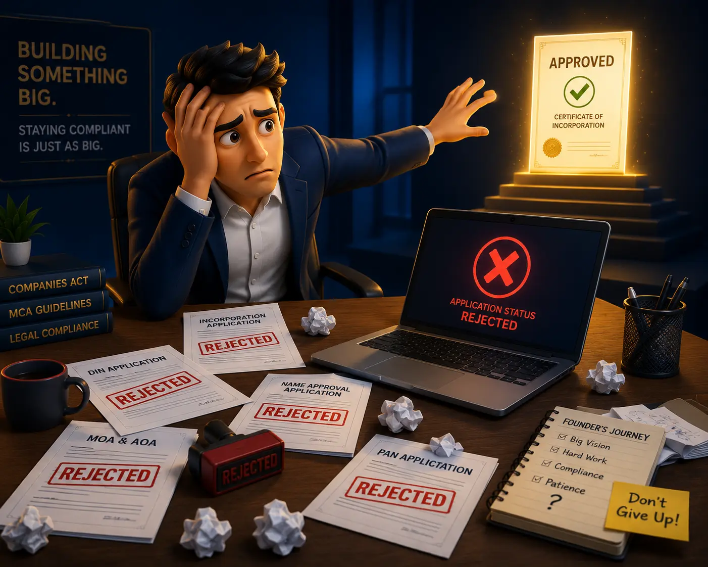 A stressed founder dealing with severe company registration mistakes during the incorporation process.