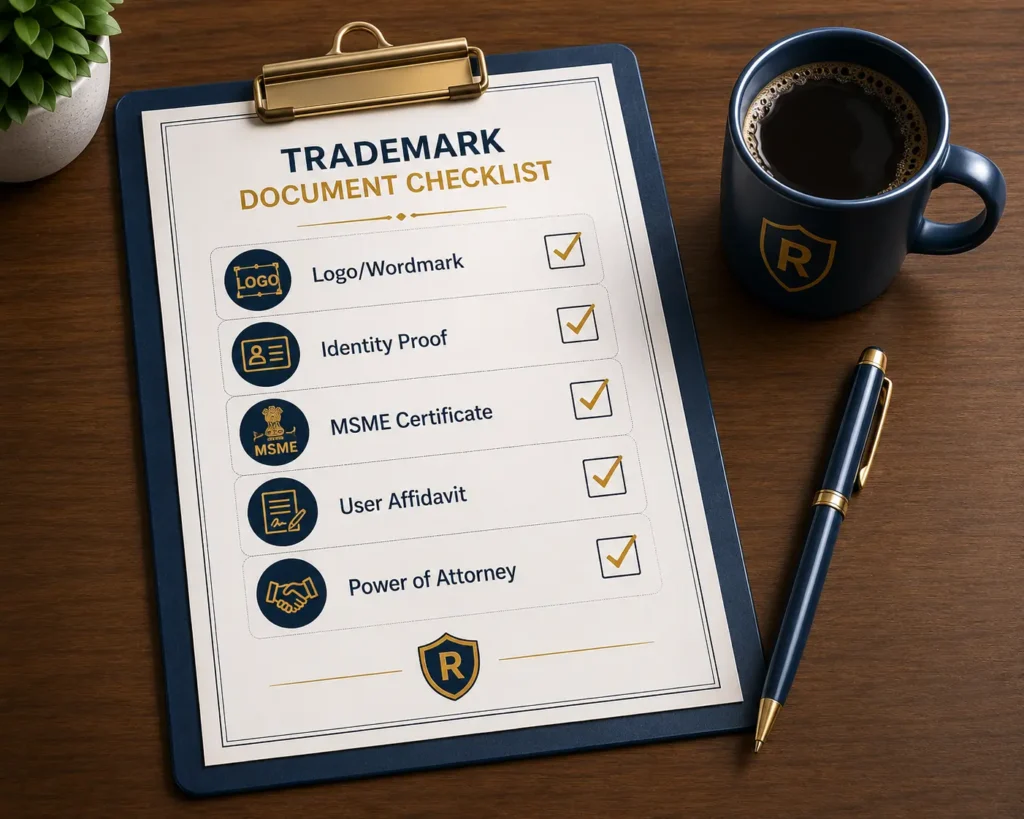 Checklist of essential documents required for the trademark registration process in India.