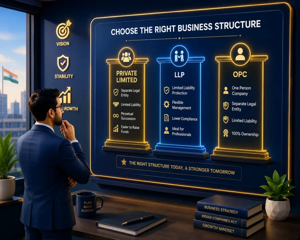 Pvt Ltd vs LLP vs OPC comparison for Indian founders deciding on company registration.