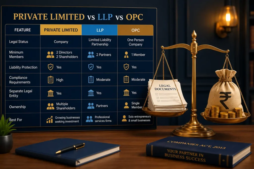 Weighing the benefits and compliance burden to choose the right business structure Pvt Ltd vs LLP vs OPC.